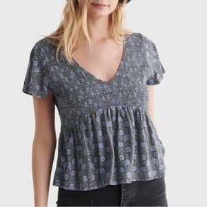 Lucky Brand Smocked Babydoll Top sz Small